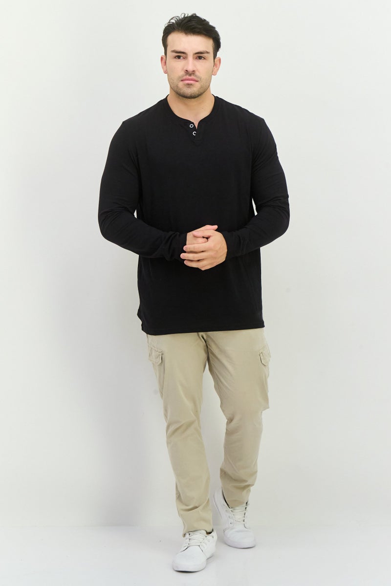 Blue Black Threads Men Henley Neck Heather Long Sleeves T-Shirts, Black  - Image 4