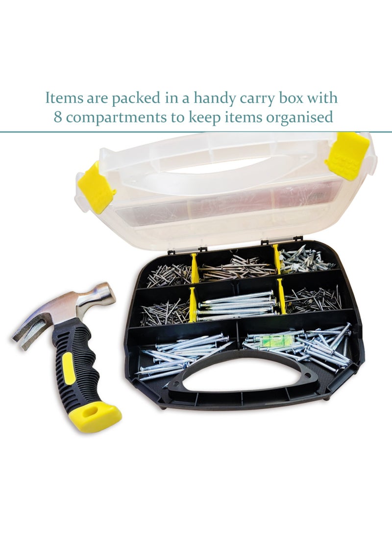 Vixel - VIXEL 520+ pcs of Flat Head and Concrete Nails Assortment Kit with Hammer and Level Gauge - Image 1