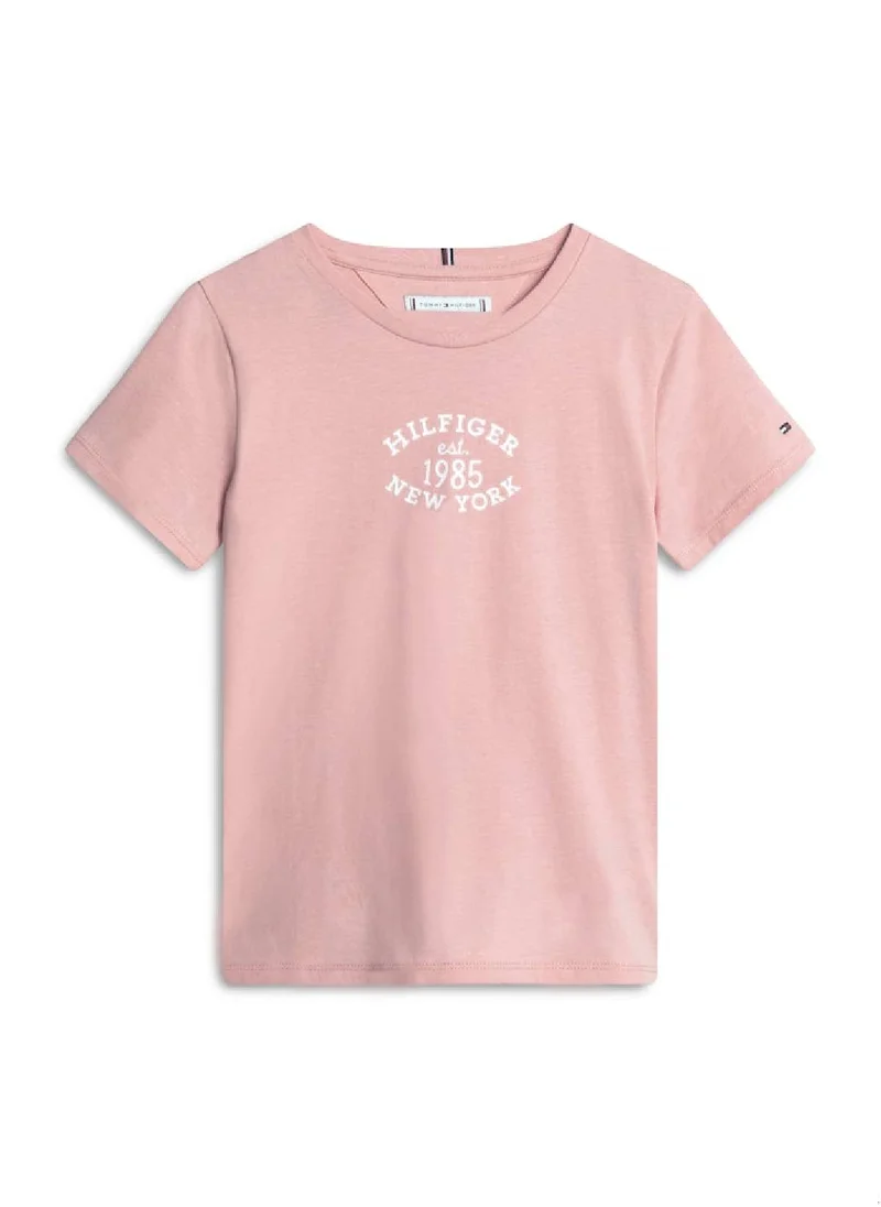 TOMMY HILFIGER Girls' Hilfiger Monotype Flock Logo Slim T-Shirt -  Cotton blend vintage jersey, Pink