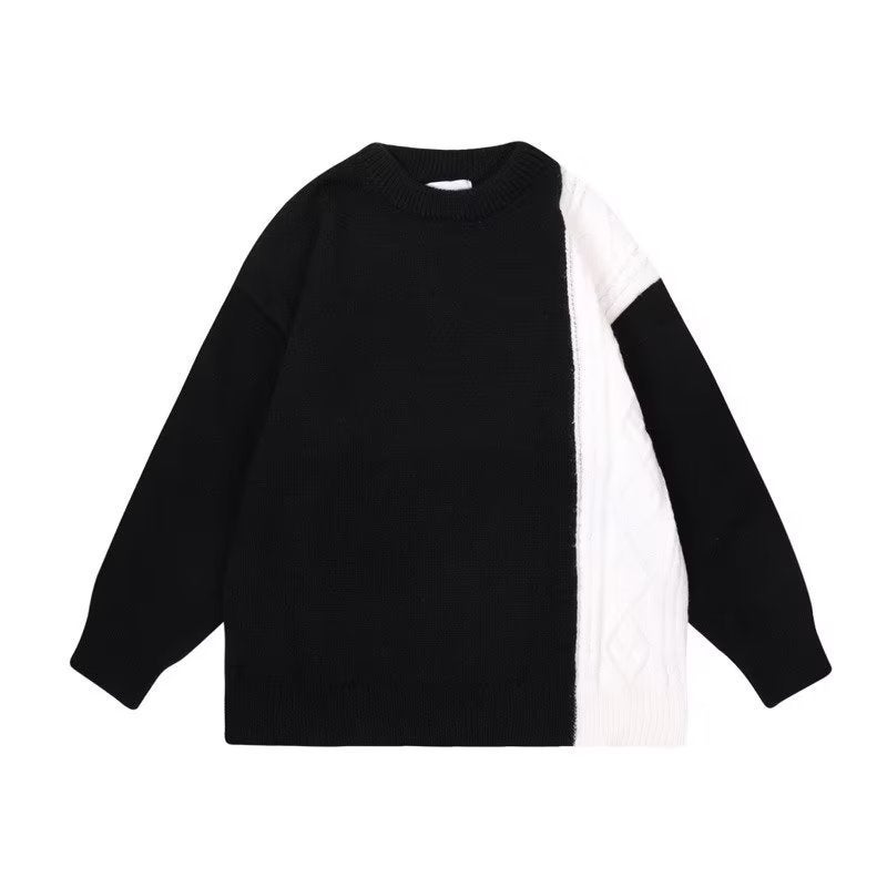 Winter round neck sweater mens American high street fashion brand design stitching contrast color pullover twist sweater loose JCF 574 black and white 