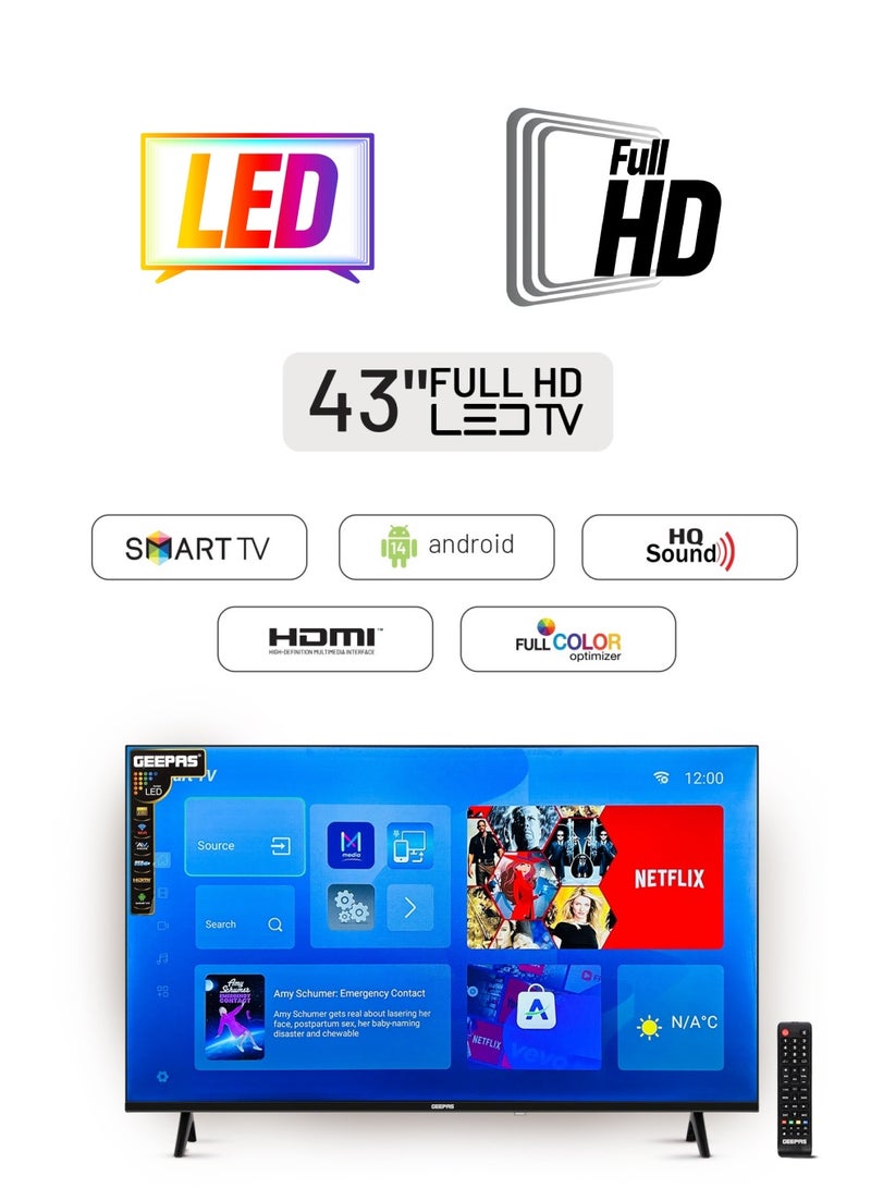 جيباس تلفزيون LED ذكي نحيف عالي الدقة مقاس 43 بوصة بدون إطار مع جهاز تحكم عن بعد | منافذ HDMI وUSB، ومقبس سماعة الرأس، وWi-Fi، ونظام Android 14.0، ووضع AV | YouTube، وNetflix | صوت HQ |GLED4324SFHD أسود - Image 1