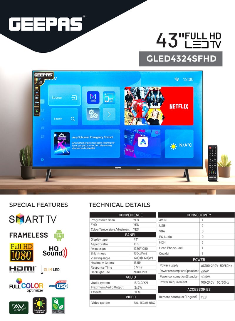 جيباس تلفزيون LED ذكي نحيف عالي الدقة مقاس 43 بوصة بدون إطار مع جهاز تحكم عن بعد | منافذ HDMI وUSB، ومقبس سماعة الرأس، وWi-Fi، ونظام Android 14.0، ووضع AV | YouTube، وNetflix | صوت HQ |GLED4324SFHD أسود - Image 2