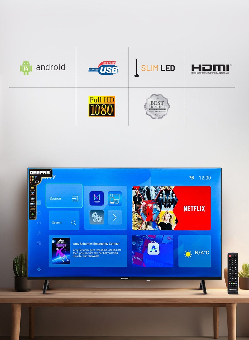 جيباس تلفزيون LED ذكي نحيف عالي الدقة مقاس 43 بوصة بدون إطار مع جهاز تحكم عن بعد | منافذ HDMI وUSB، ومقبس سماعة الرأس، وWi-Fi، ونظام Android 14.0، ووضع AV | YouTube، وNetflix | صوت HQ |GLED4324SFHD أسود - Image 3