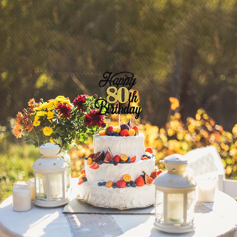 RSSTARXI 1 حزمة سعيد 80 عيد ميلاد كعكة Topper Glitter 80 رائع الديكور كعكة Hello 80 هتاف إلى 80 سنة اختيار كعكة عيد ميلاد سعيد 60 عيد ميلاد ديكورات حفلة سوداء الذهب الأسود - Image 4
