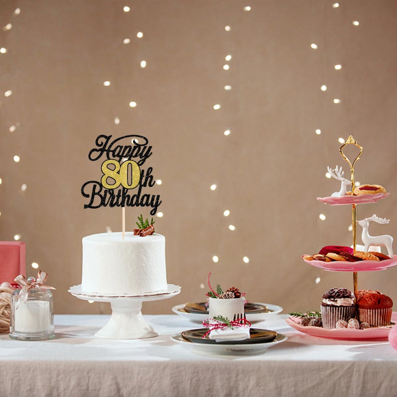 RSSTARXI 1 حزمة سعيد 80 عيد ميلاد كعكة Topper Glitter 80 رائع الديكور كعكة Hello 80 هتاف إلى 80 سنة اختيار كعكة عيد ميلاد سعيد 60 عيد ميلاد ديكورات حفلة سوداء الذهب الأسود - Image 5