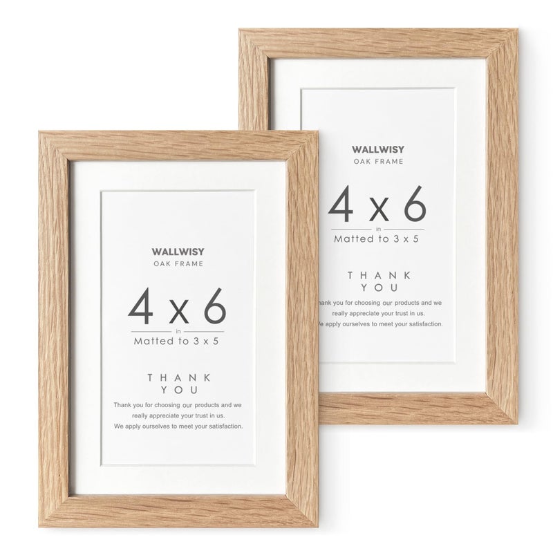 wallwisy 4x6 Picture Frame, Solid Oak Wood 4x6 Picture Frames with Mat to 3x5(Openning Size is 2.75x4.75), Natural Oak 6x4 Frame, Set of 2 - Image 1