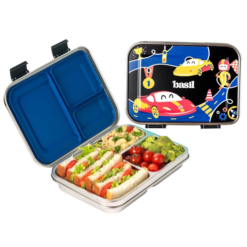 BASIL Bento Neo Classic 2025 – New & Improved, 975 ml 3-Compartment Stainless Steel Lunch Box for Adults, Teens & Kids | Leak-Proof & Easy to Open Tiffin for Office, School, College - Black Car - Image 1