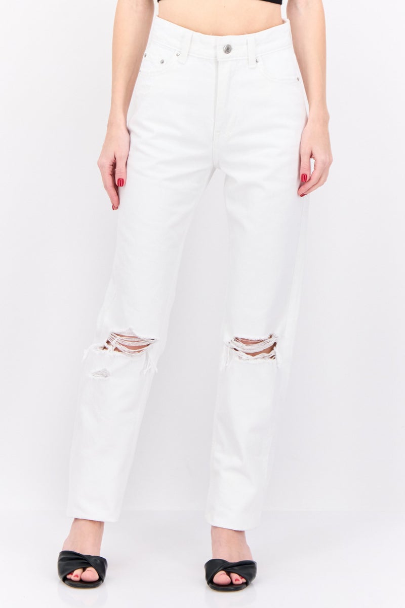 Bershka Women Straight Rip Non Stretchable Jeans, White - Image 1