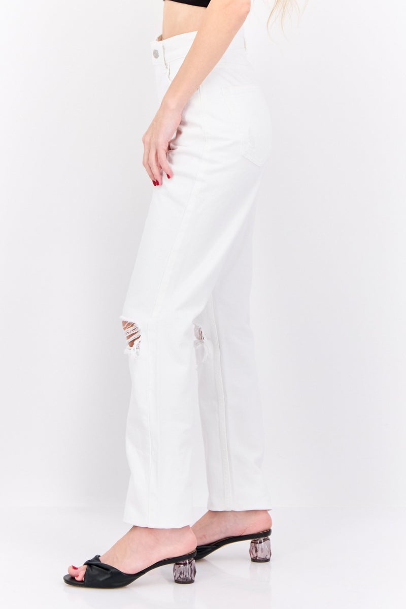 Bershka Women Straight Rip Non Stretchable Jeans, White - Image 2