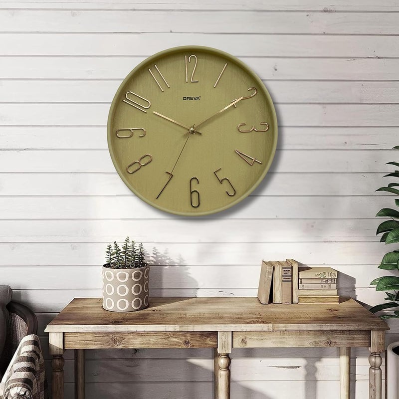 OREVA 12 Inch Round Fancy Embossed Number Dial Contemporary Stylish Quartz Clocks Modern Analog Silent Wall Clock for Living Room Bedroom Latest Home Décor Office AQ-9517SS (Wood) - Image 1