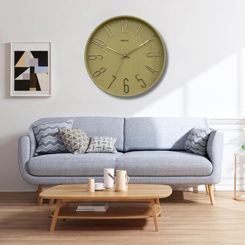 OREVA 12 Inch Round Fancy Embossed Number Dial Contemporary Stylish Quartz Clocks Modern Analog Silent Wall Clock for Living Room Bedroom Latest Home Décor Office AQ-9517SS (Wood) - Image 2