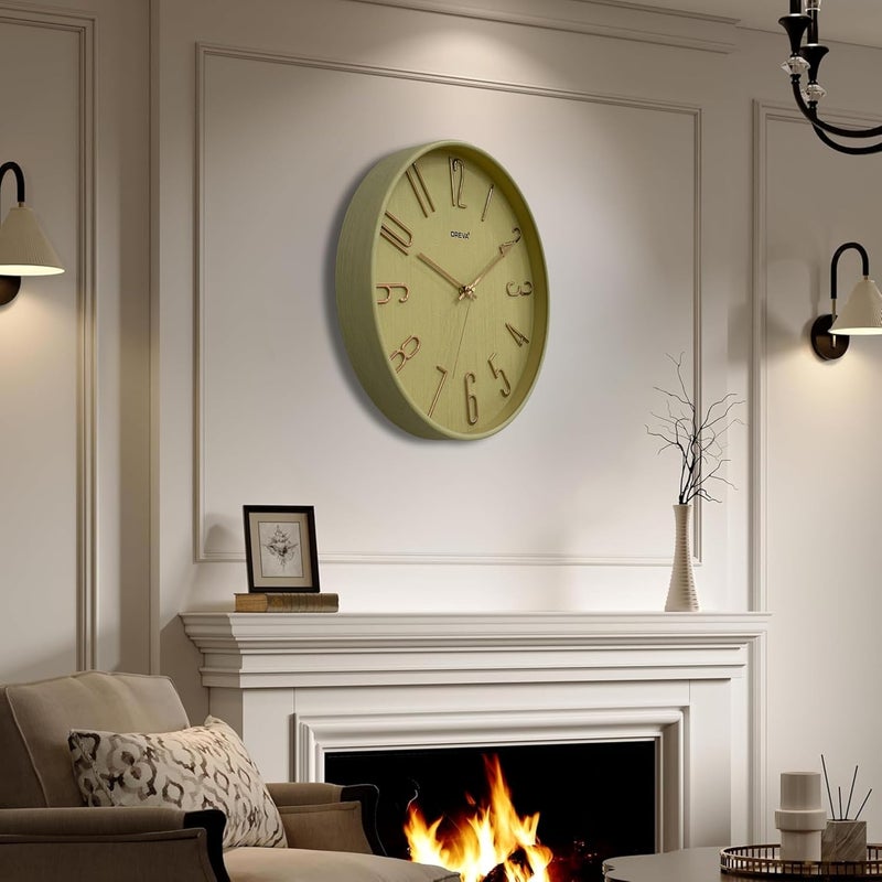 OREVA 12 Inch Round Fancy Embossed Number Dial Contemporary Stylish Quartz Clocks Modern Analog Silent Wall Clock for Living Room Bedroom Latest Home Décor Office AQ-9517SS (Wood) - Image 4