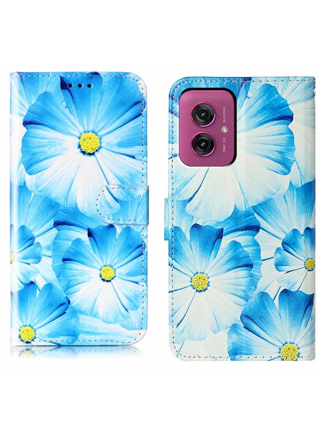 For Motorola Moto G55 Colored Drawing Marble Pattern Leather Phone Case(Blue Flower)
