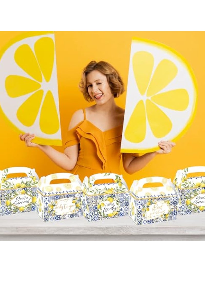 KASTWAVE 24 Pack Capri Lemon Party Cardboard Treat Box, Graduation Candy Boxes, Blue Tile Yellow Lemon Party Favor Boxes, Goody Bags, reat Boxes for Capri Lemon Theme Birthday Bridal Baby Shower Supplies  - Image 2
