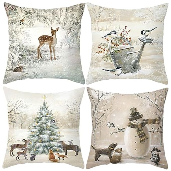 ANIMALS THROW PILLOW COVER CHRISTMAS 18 X 18 INCH PET SNOWMAN VASE DEER DOG RABBIT BIRD XMAS TREE PILLOW CASE SET OF 4 SQUARE WINTER SNOWFIELD PILLOWSLIP GREAT FOR SOFA PATIO BEDROOM DECOR