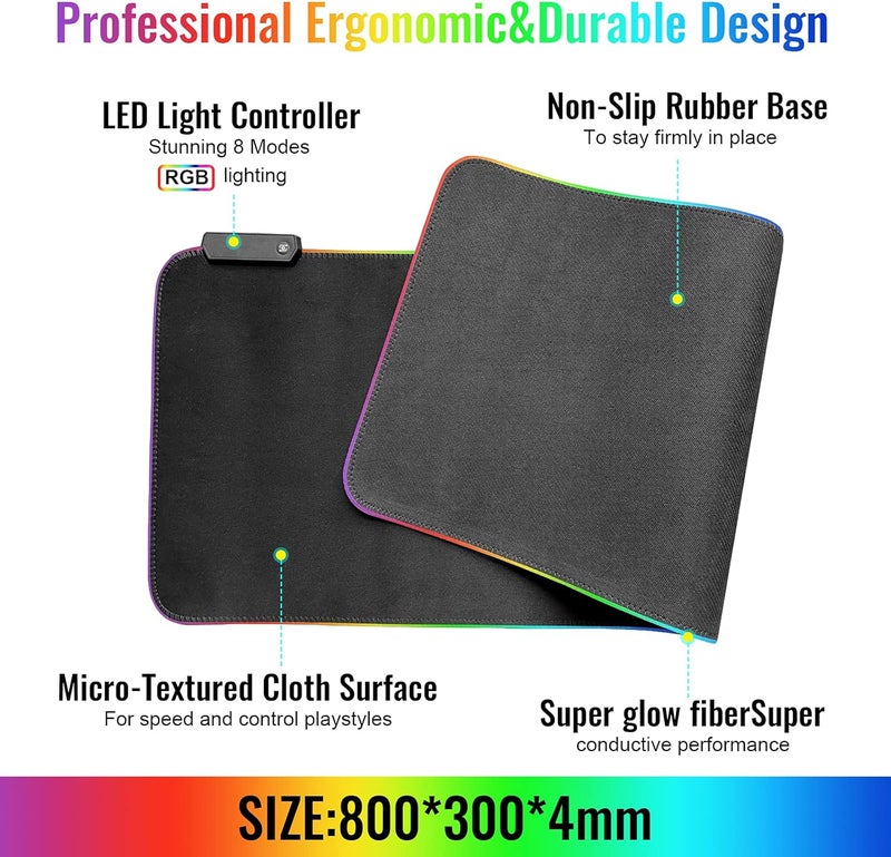 SKY-TOUCH Gaming Mouse Pad, Extra Large Soft Led Extended Mouse Pad (10 Lighting Modes), Anti-Slip Rubber Base Computer Keyboard Mat, Black, Grb Mouse - Image 3