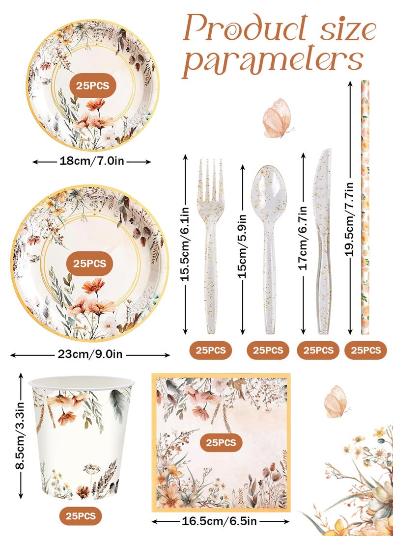 HomarKet 200PCS Disposable Dinnerware Set,25 Guest Party Supplies Dinner Set Include Paper Plates Napkin Cup Straw Plastic Spoon Fork Knive for Baby Shower,Wedding,Birthday (Elegant leaves) - Image 2