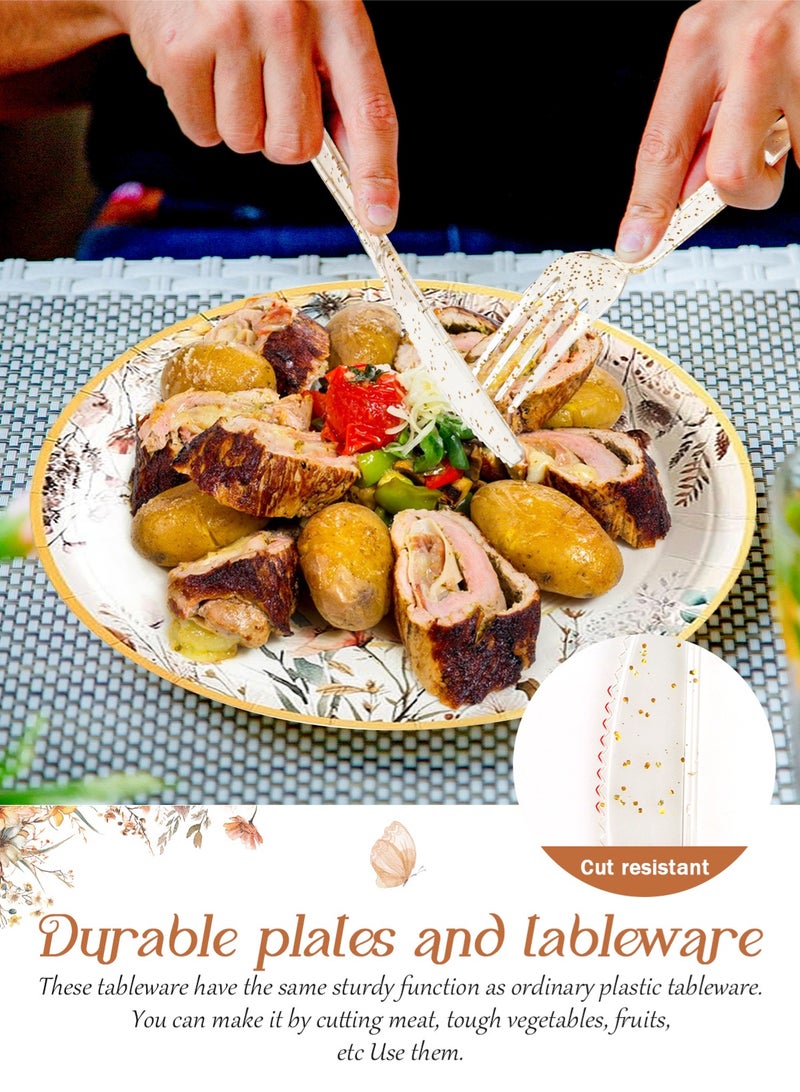 HomarKet 200PCS Disposable Dinnerware Set,25 Guest Party Supplies Dinner Set Include Paper Plates Napkin Cup Straw Plastic Spoon Fork Knive for Baby Shower,Wedding,Birthday (Elegant leaves) - Image 3