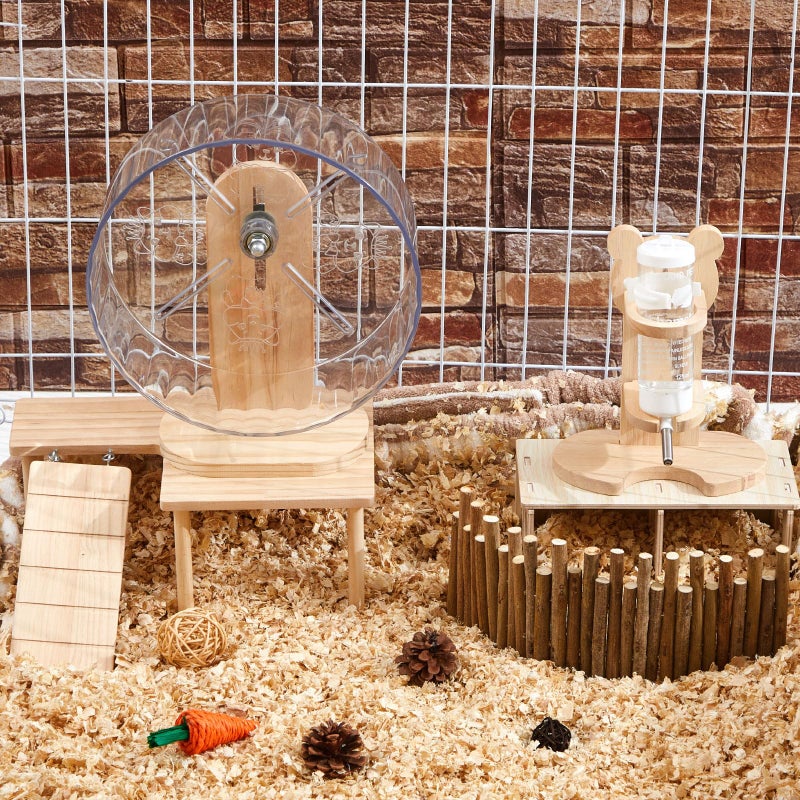 Sonwyoung 6 Pcs Hamster Toys Set, Maze Wood House, Climbing Ladder Wooden Bridge Tunnel Toy Platform Silent Exercise Running Wheels and Water Bottle Set for Rat Guinea Pig Habitat Cage(Basic) - Image 2