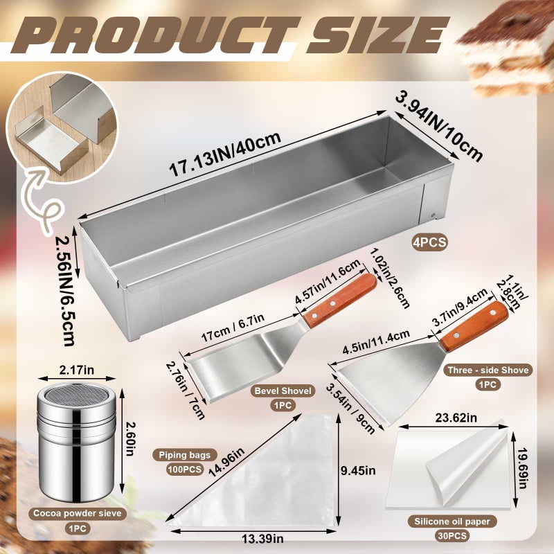 Blushtier Tiramisu Baking Kit with Tiramisu Pans 304 Stainless Steel Rectangle Cake Pans, Scraper, Cocoa Powder Sieve, 100 Piping Bags and 30 Baking Papers for Making Desserts Cheesecake - Image 2