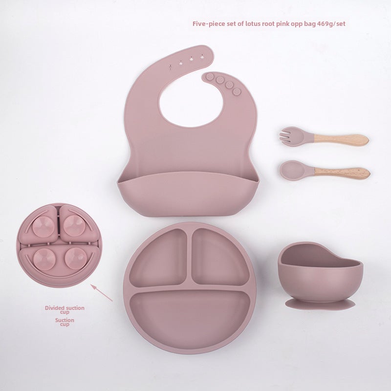 Kids Silicone Feeding Set Bowl Fork Spoon Bib Lotus root color-Smiley plate five-piece set (Bib + small suction cup + bowl + wooden fork spoon) DM-105-5 
