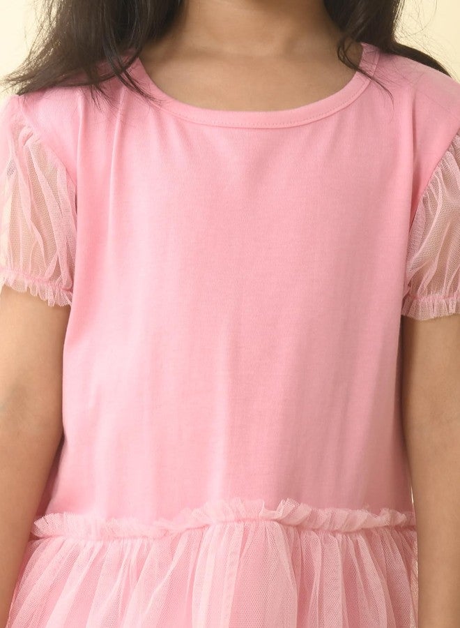 LILPICKS Girls Solid Knee Length Drop Waist Net Dress (Pink) (8-9Y) - Image 4