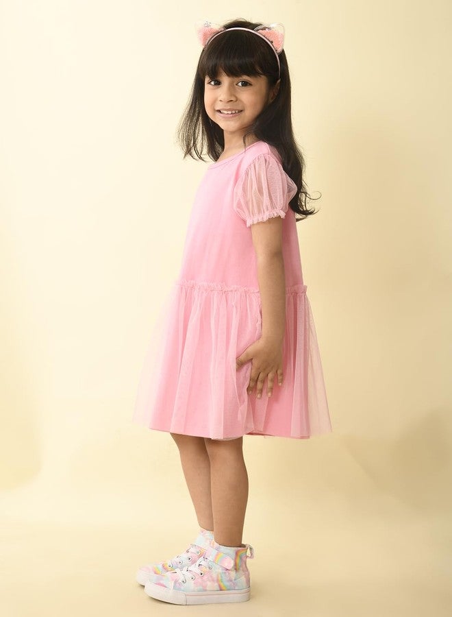 LILPICKS Girls Solid Knee Length Drop Waist Net Dress (Pink) (8-9Y) - Image 5