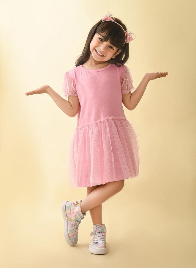 LILPICKS Girls Solid Knee Length Drop Waist Net Dress (Pink) (8-9Y) - Image 3