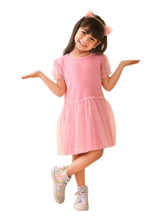 LILPICKS Girls Solid Knee Length Drop Waist Net Dress (Pink) (8-9Y) - Image 1