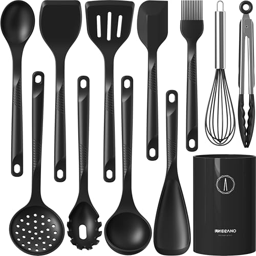 USECANO Silicone Cooking Utensils Set - 600°F Heat Resistant, Nonstick Kitchen Utensil Set with Spatulas, Spoons, Whisk, Tongs, BPA Free, Dishwasher Safe, Black - Image 1