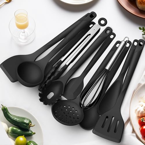 USECANO Silicone Cooking Utensils Set - 600°F Heat Resistant, Nonstick Kitchen Utensil Set with Spatulas, Spoons, Whisk, Tongs, BPA Free, Dishwasher Safe, Black - Image 4