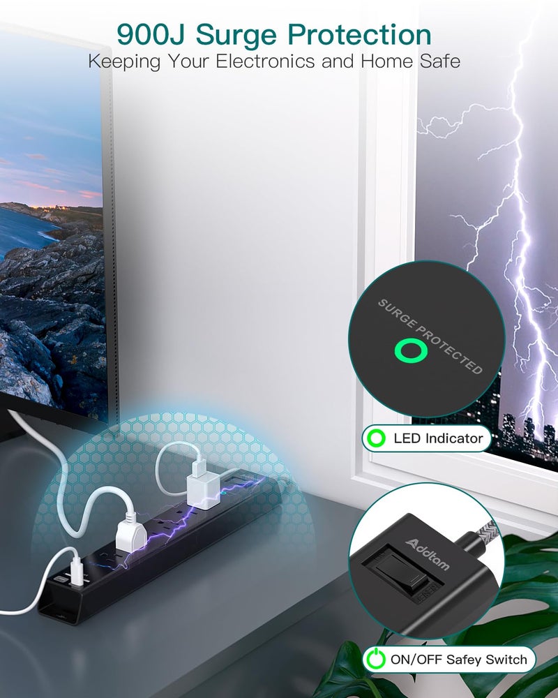 Addtam Surge Protector Power Strip - Extension Cord with Addtam 6 AC Outlets 4 USB (2 USB-C Ports), 1875W/15A, Flat Plug with Overload Surge Protection, Outlet Extender for Home Office Dorm Room Essentials - Image 5
