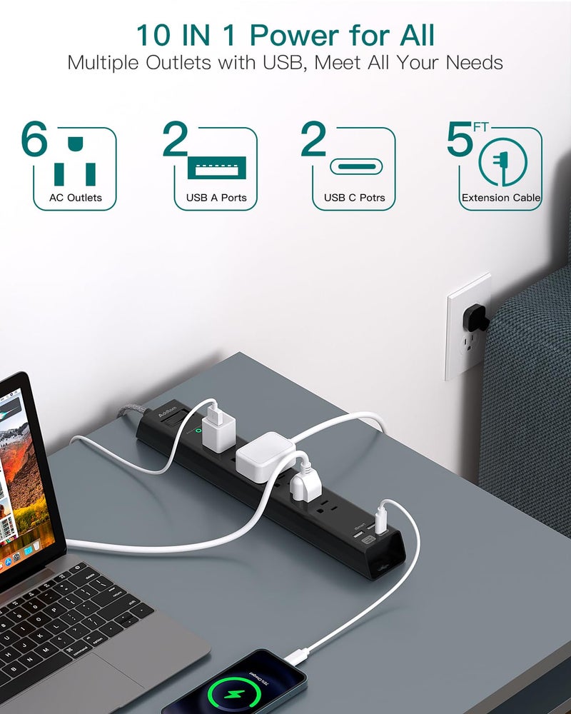Addtam Surge Protector Power Strip - Extension Cord with Addtam 6 AC Outlets 4 USB (2 USB-C Ports), 1875W/15A, Flat Plug with Overload Surge Protection, Outlet Extender for Home Office Dorm Room Essentials - Image 3