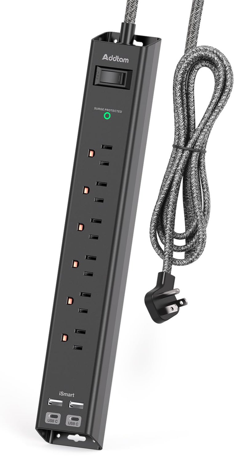Addtam Surge Protector Power Strip - Extension Cord with Addtam 6 AC Outlets 4 USB (2 USB-C Ports), 1875W/15A, Flat Plug with Overload Surge Protection, Outlet Extender for Home Office Dorm Room Essentials - Image 1