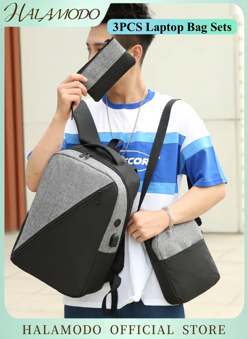 HALAMODO 3PCS Laptop Bag Sets Large Capacity Laptop Backpack with USB Charging Port 15.6inch Office Laptop Work Bags Business Backpack for Men Women - Image 1