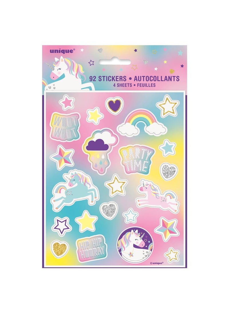 Unique Unicorn Stickers Paper 4-Sheets 92-Stickers Total