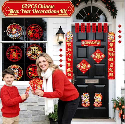 kokolap 62 PCS Chinese New Year Decoration 2026 Year of The Horse Spring Festival Party Supplies Spring Festival Window Clings Lunar New Year Hanging Ornaments Red Envelopes for Door Chunlian Couplets Sets - Image 2