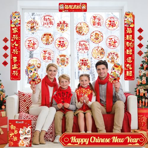 kokolap 62 PCS Chinese New Year Decoration 2026 Year of The Horse Spring Festival Party Supplies Spring Festival Window Clings Lunar New Year Hanging Ornaments Red Envelopes for Door Chunlian Couplets Sets - Image 4