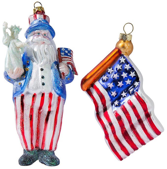 BLOWN GLASS AMERICAN FLAG ORNAMENT AND PATRIOTIC SANTA CHRISTMAS ORNAMENTS FOR CHRISTMAS TREE
