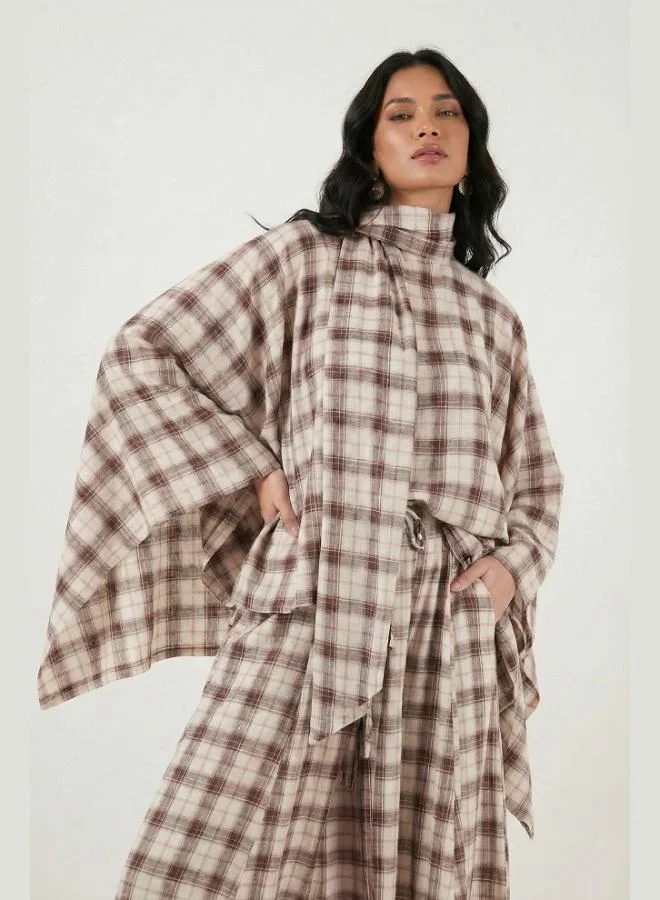 ليلا Lela Plaid Cotton Oversize Fit Scarf Collar Poncho for Women 6925472