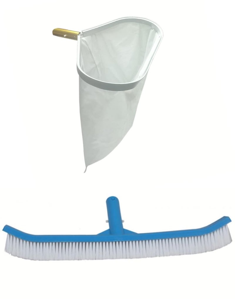 BlueWave Swimming Pool Deep Leaf Rake White Gold Aluminum Handle Fine Mesh Net White Golden Color with 18 inch Curved Wall Brush with Nylon Bristles Cleaning Brush - Image 1
