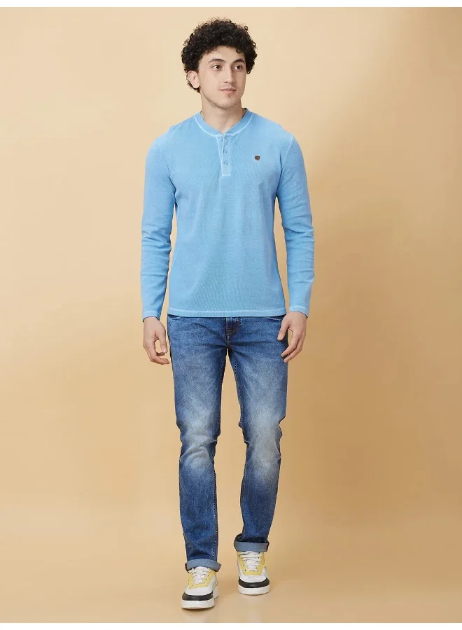 بيينغ هيومان Mens Light Blue Wash Round Neck Long Sleeve T-Shirt