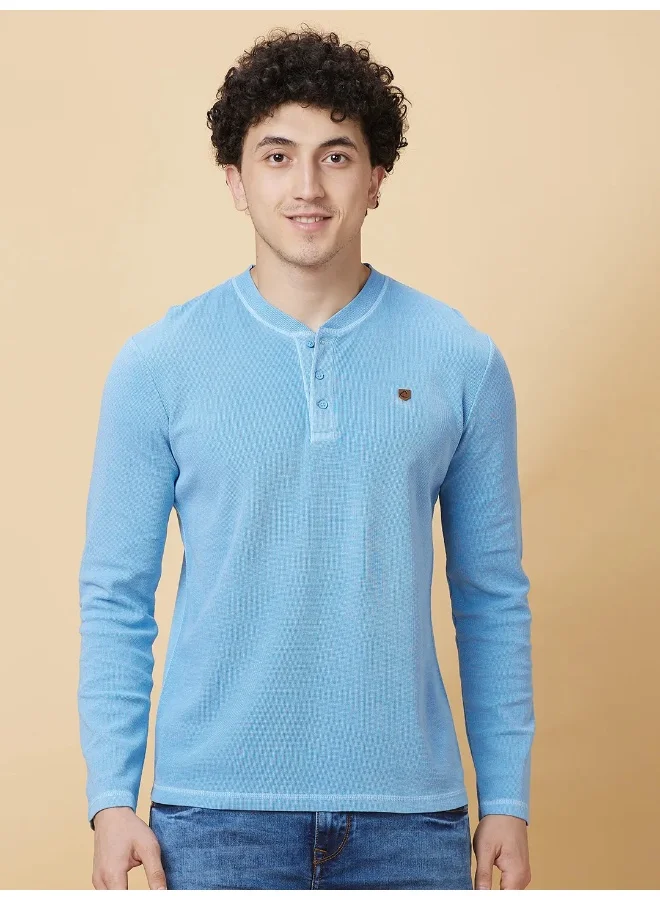 بيينغ هيومان Mens Light Blue Wash Round Neck Long Sleeve T-Shirt