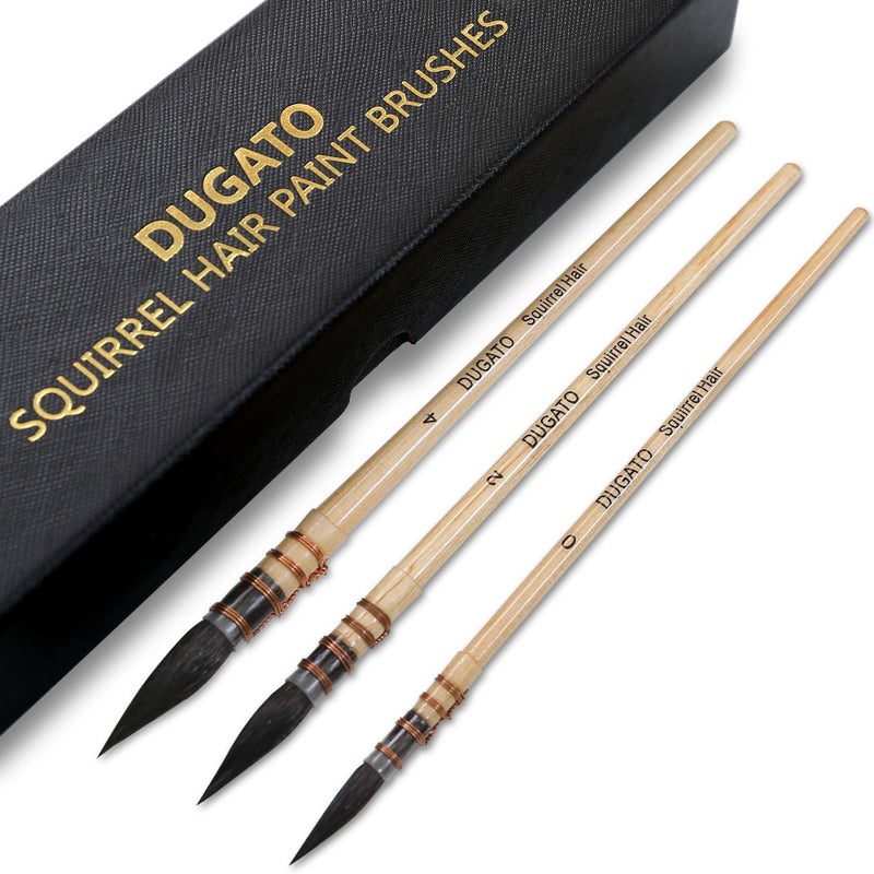 DUGATO Professional Watercolor Squirrel Hair Paint Brushes by DUGATO, Mop Round Fine Tip Detail Paintbrush Set for Art Painting, Gouache, Fine Detailing, Acrylic, Gouache, Oil (3 Brushes) - Image 1