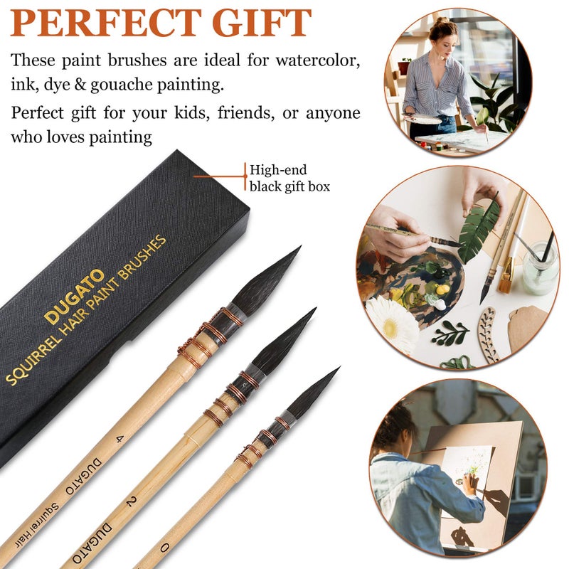 DUGATO Professional Watercolor Squirrel Hair Paint Brushes by DUGATO, Mop Round Fine Tip Detail Paintbrush Set for Art Painting, Gouache, Fine Detailing, Acrylic, Gouache, Oil (3 Brushes) - Image 4