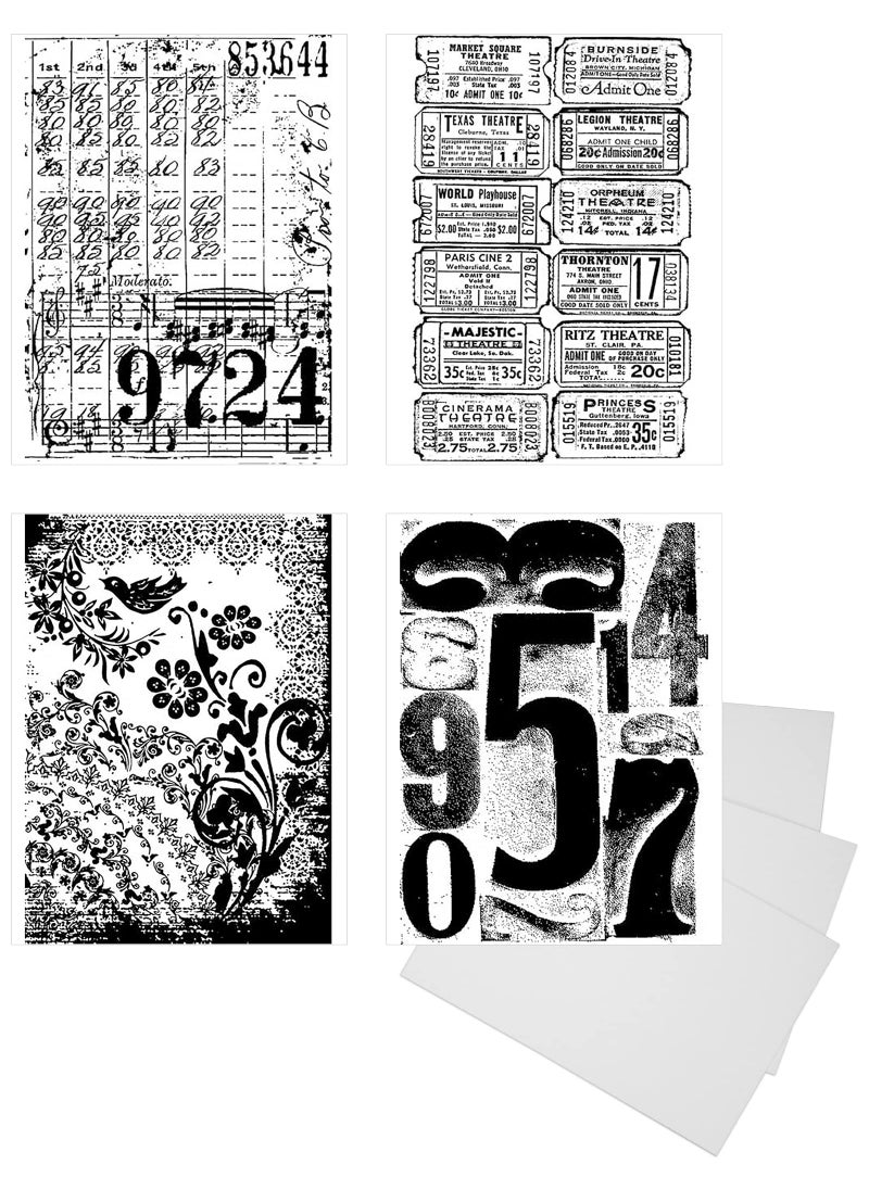 Trendzeen Stamps  Ledger Script Flower Ticket Number Themed Cling Rubber Stamp Set  for Mixed Media Stamping Junk Journal Card Making Scrapbooking  with 3 White Cardstock 