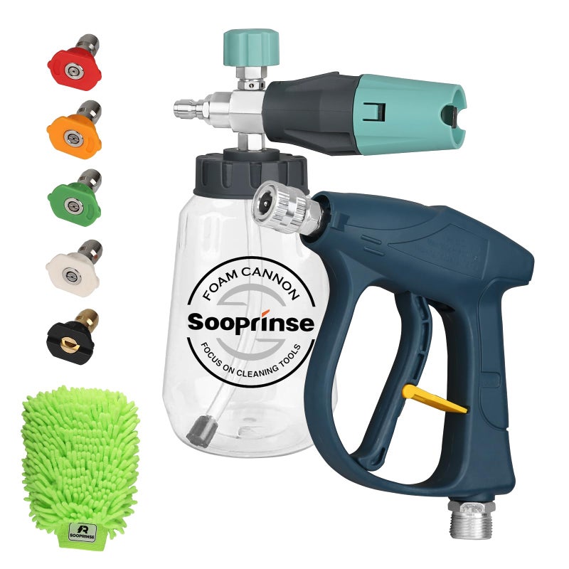 Sooprinse Short Pressure Washer Gun with Foam Cannon High Pressure Washer Gun Snow Foam Lance with 14 Inch Quick Connector 5 Nozzle Tips with Car Wash Mitt 3000 PSI 1 Liter - Image 2
