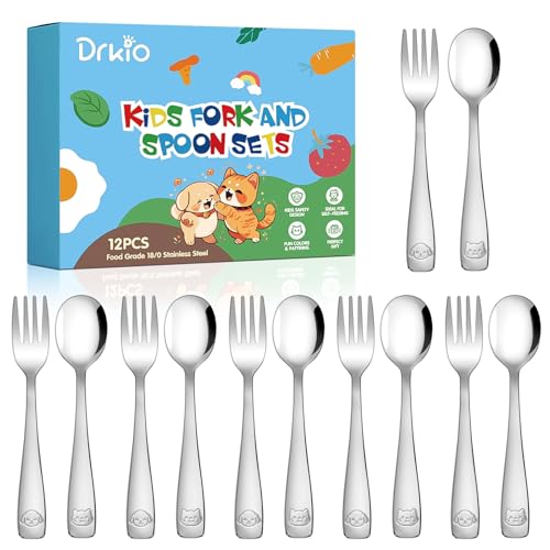 DRKIO Stainless Steel Toddler Utensils Set - 12 Pieces Kids Silverware Set Children Safe Food Grade Small Forks and Spoons Dishwasher Safe Mirror Polished - Image 1