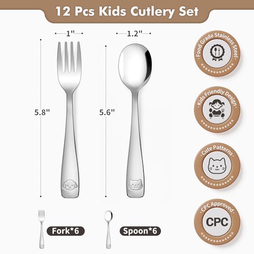 DRKIO Stainless Steel Toddler Utensils Set - 12 Pieces Kids Silverware Set Children Safe Food Grade Small Forks and Spoons Dishwasher Safe Mirror Polished - Image 2