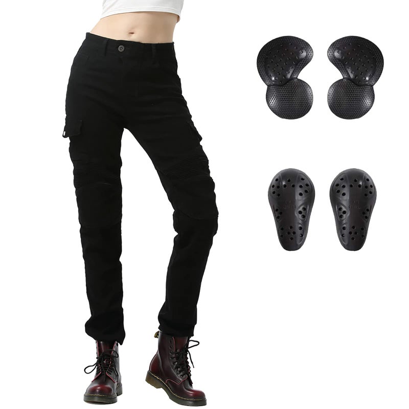 LOMENG Motorcycle Riding Pants Motorcycle Jeans Slim Fit with CE Knee Hip Removable Protectors Armor for Women Black M 30 - Image 1